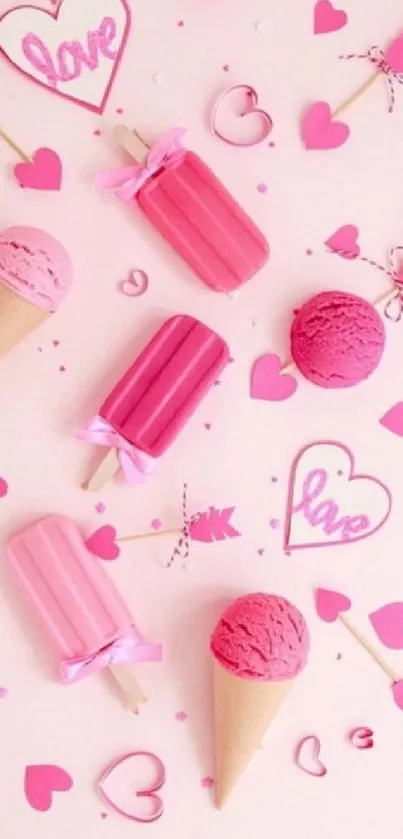 Pink ice cream and hearts on a romantic wallpaper.