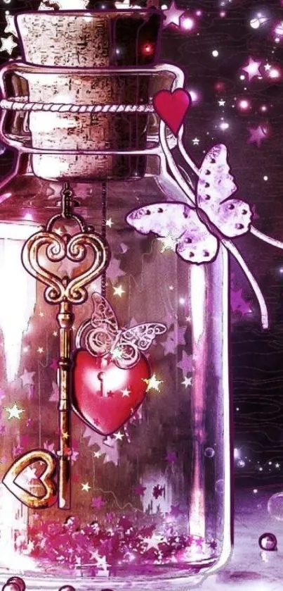 Romantic pink jar with heart key and butterflies on wallpaper.