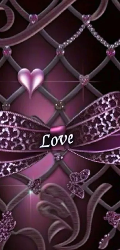 Romantic phone wallpaper with pink lace, hearts, and a bow.