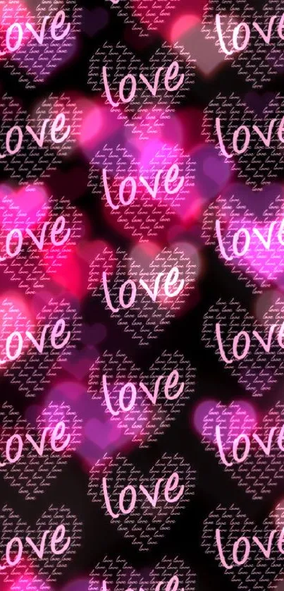 Mobile wallpaper with pink love hearts on a black background.