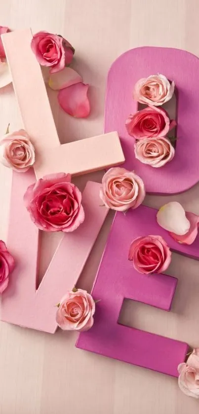 Pink LOVE letters with roses on soft background.