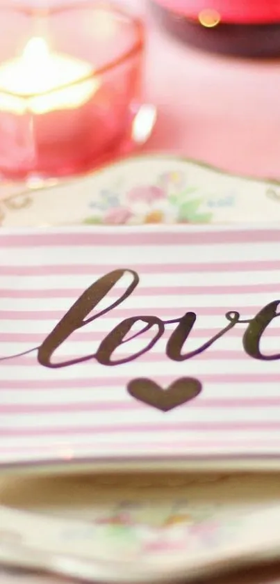 Romantic pink wallpaper with love calligraphy on decorative plates.