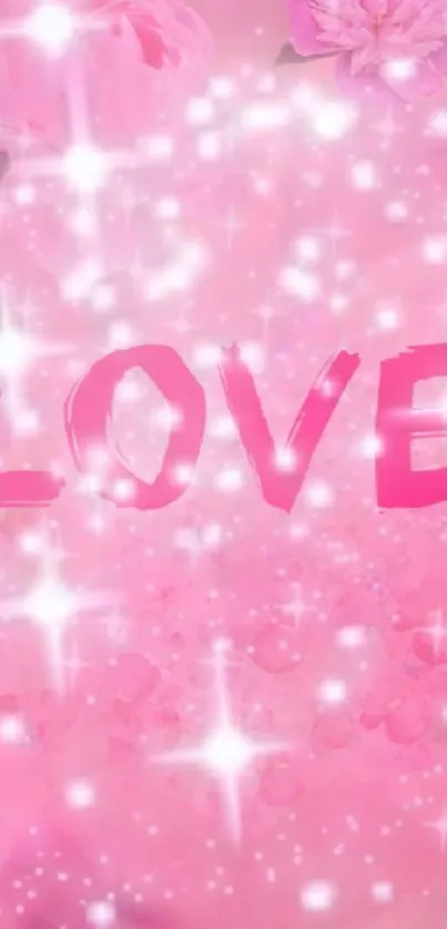 Sparkling pink wallpaper with the word 'Love' and floral accents.