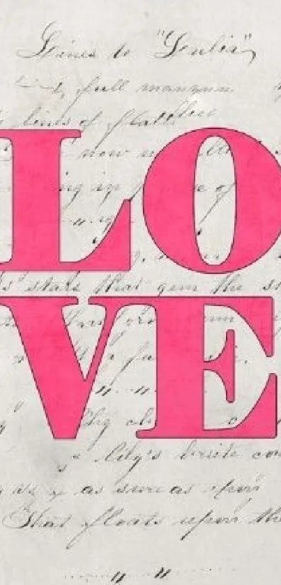 Bold pink 'LOVE' text on vintage handwritten background wallpaper.