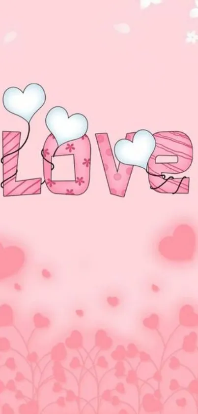 Romantic pink love wallpaper with hearts and floral accents.