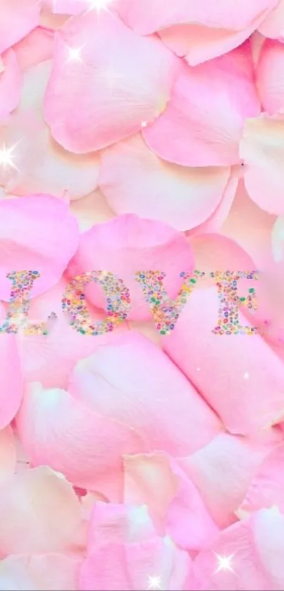 Pink petal wallpaper with 'Love' inscription and sparkles.