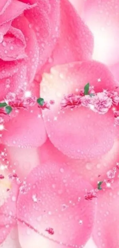 Romantic pink petals with roses and floral heart design wallpaper.