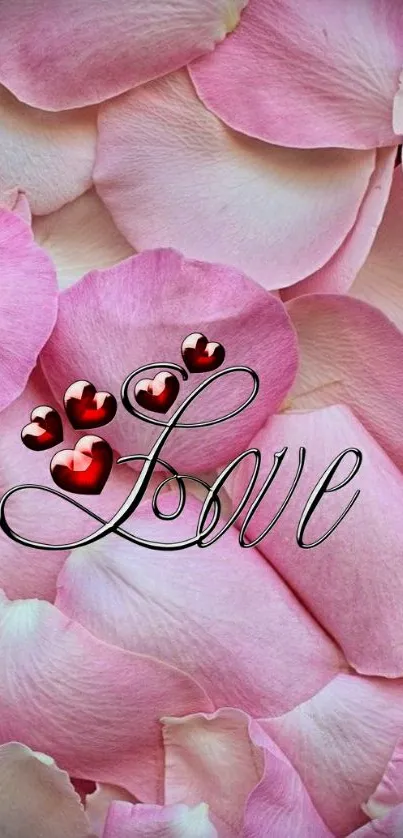 Romantic wallpaper with pink petals and red hearts spelling 'Love'.