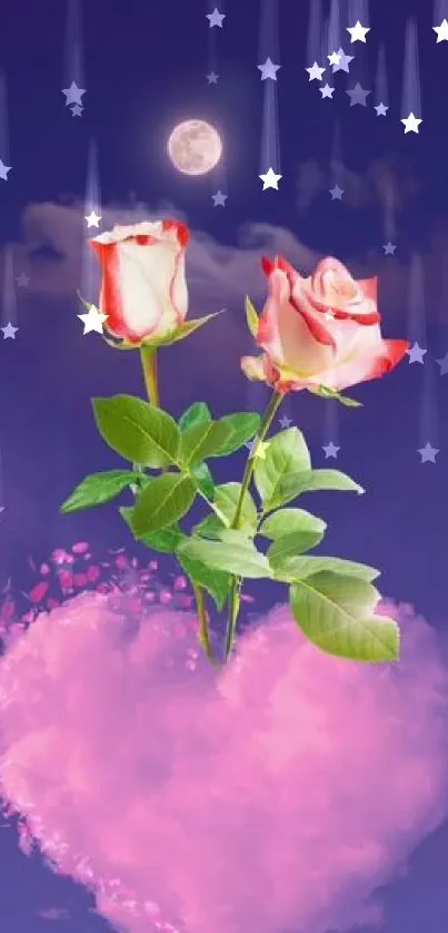 Romantic wallpaper with pink roses, heart, and a moonlit sky.