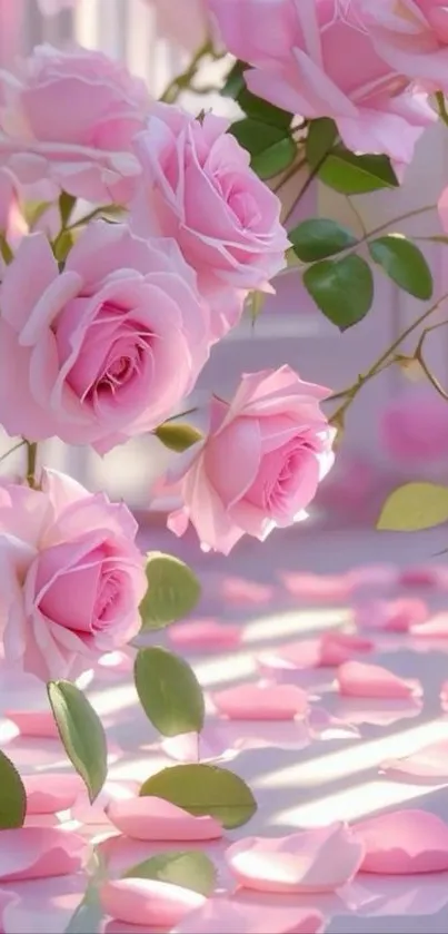 Delicate pink rose blossoms and petals forming a serene wallpaper.