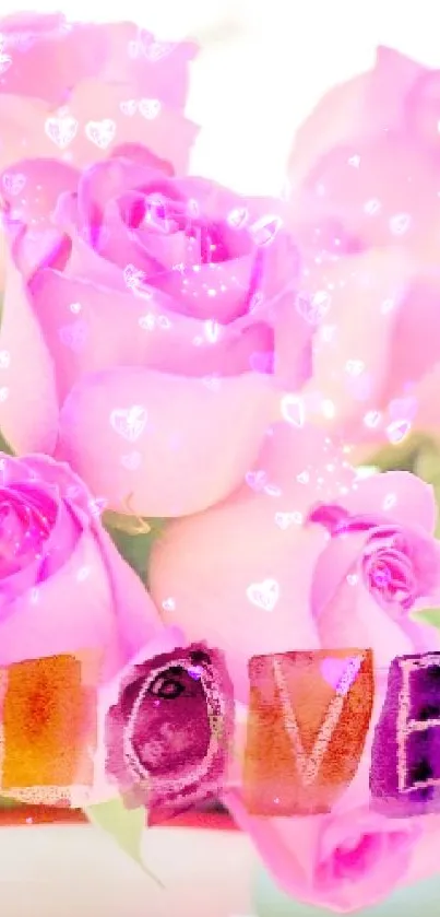 Romantic pink rose bouquet with 'LOVE' letters in vase.