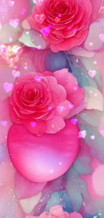 Romantic pink rose heart mobile wallpaper with floral art.