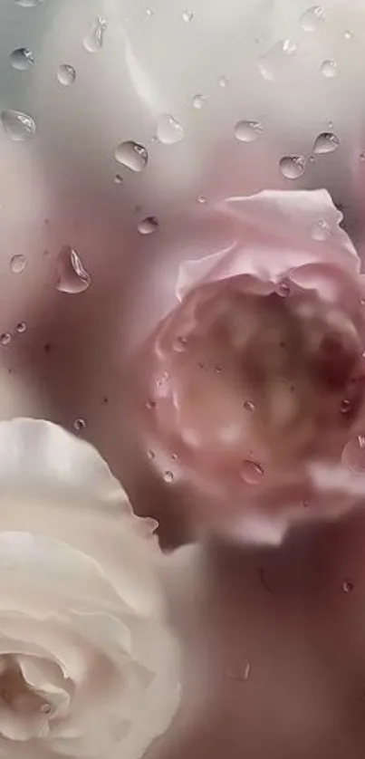 Wallpaper with pink roses and raindrops.