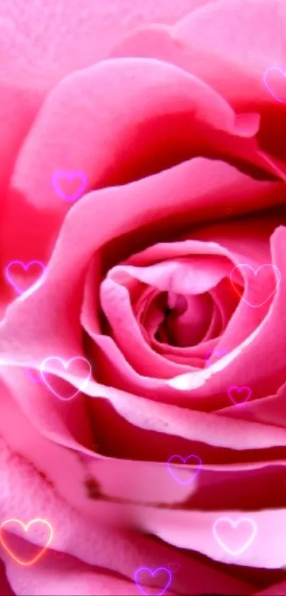 Romantic pink rose with glowing heart effects wallpaper.