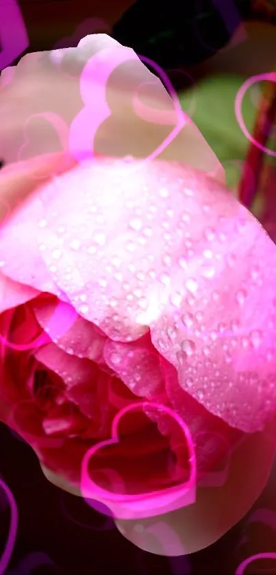 Close-up of a pink rose with heart overlays on a vibrant mobile wallpaper.