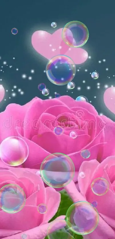 Pink roses with hearts and bubbles on a blue background.