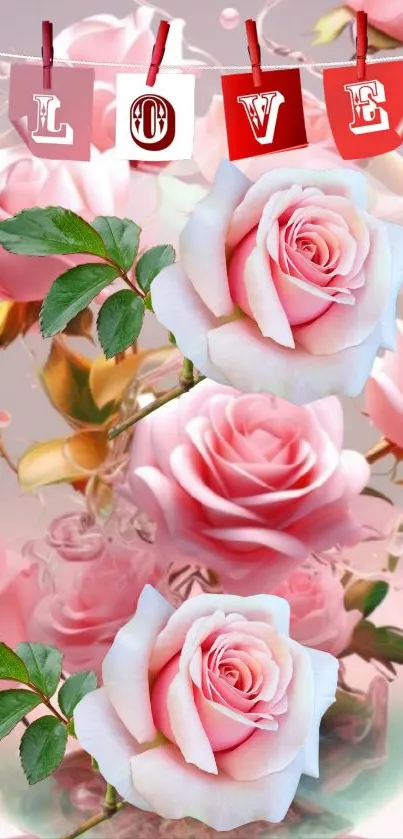 Romantic mobile wallpaper with pink roses and love theme.