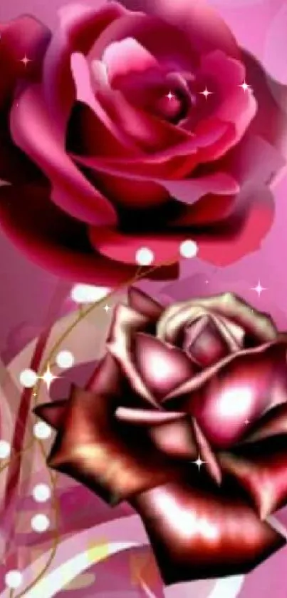 Pink roses with abstract floral design in a vibrant digital wallpaper.