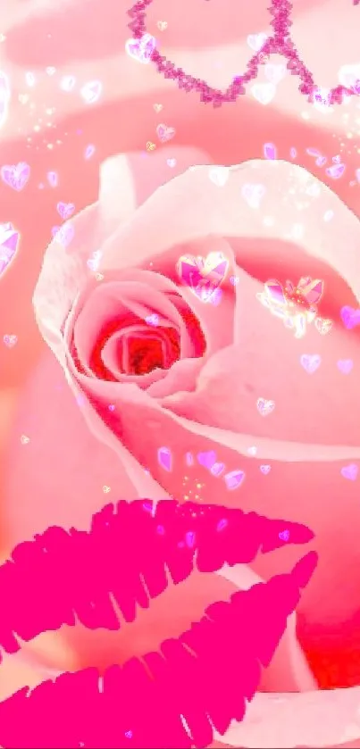 Romantic pink rose wallpaper with hearts and kiss symbols.