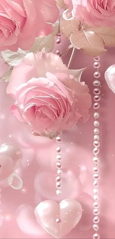 Mobile wallpaper with pink roses and heart shapes.