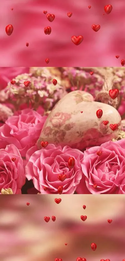 Heart surrounded by pink roses with floating red hearts.