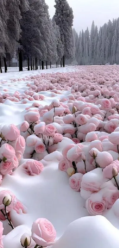 Snow-covered pink roses in a tranquil winter landscape.