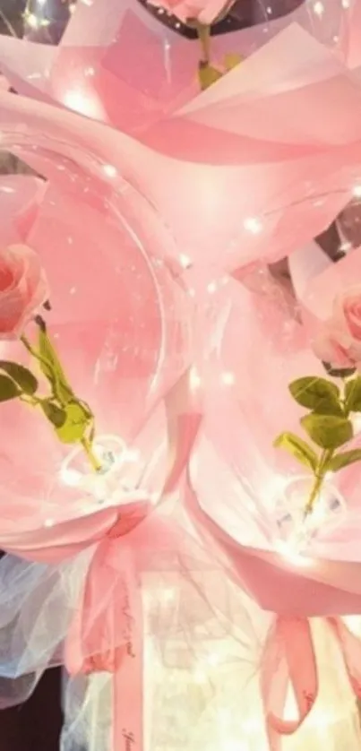 Romantic pink roses with fairy lights wallpaper.