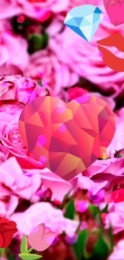 Romantic pink roses with heart motifs on a vibrant mobile wallpaper.