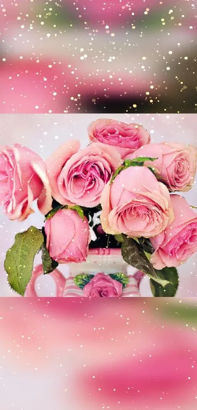 Mobile wallpaper with a bouquet of pink roses and a blurred background.