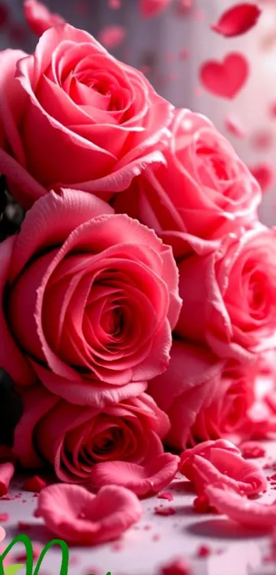 Romantic pink roses with falling petals, perfect for a mobile wallpaper.