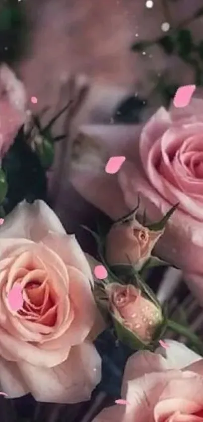 Romantic wallpaper with pink roses and floral design.