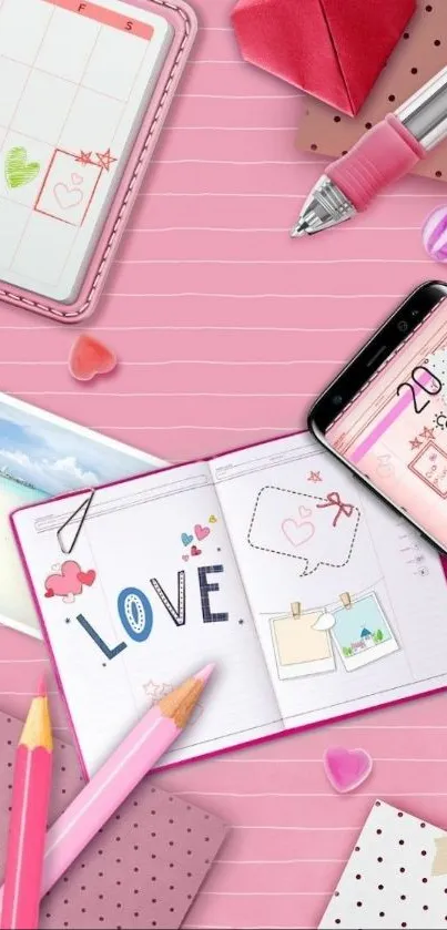 Pink-themed stationery mobile wallpaper with love motifs.