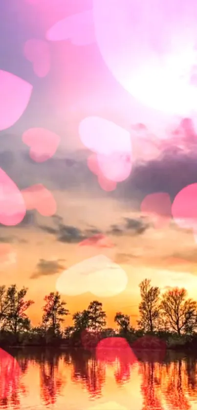 Romantic pink heart sunset with serene landscape and reflection.