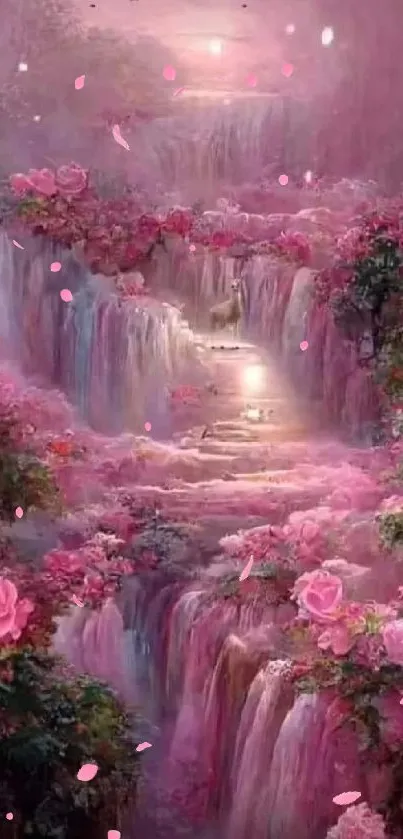 Romantic pink waterfall with roses and cascading streams.