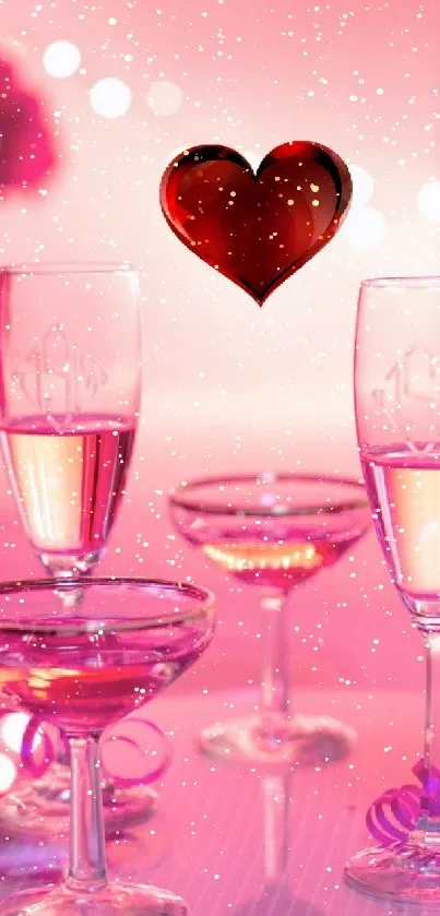 Romantic pink wallpaper with wine glasses, heart, and soft lighting.