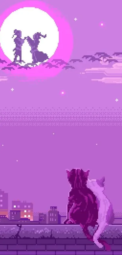 Pixel art wallpaper with romantic scene under a moonlit sky and two cats on a rooftop.