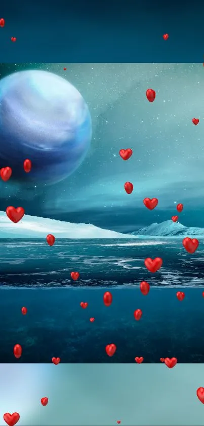 Planetary landscape with hearts and blue hues for romantic vibes.