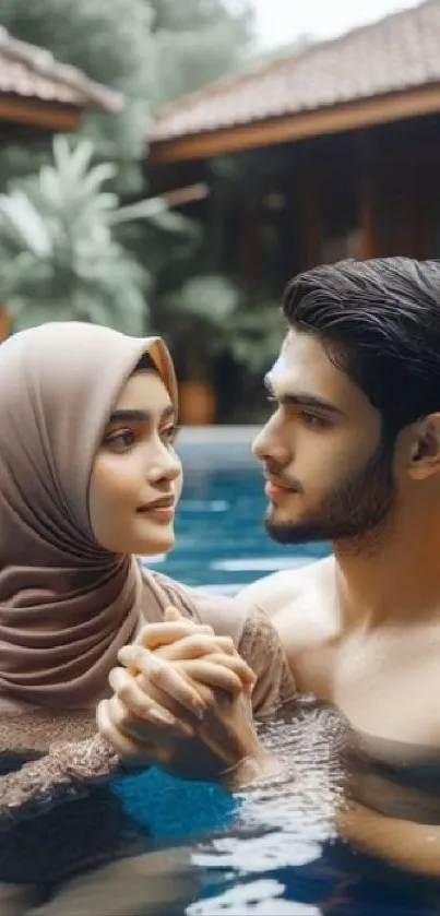 Romantic couple holding hands in a pool.