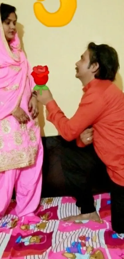 Romantic proposal scene with a vibrant pink theme.