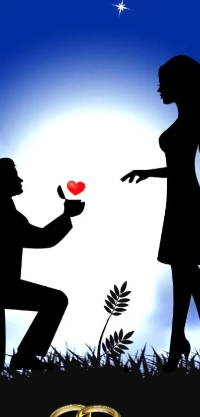 Silhouette romantic proposal under moonlight.