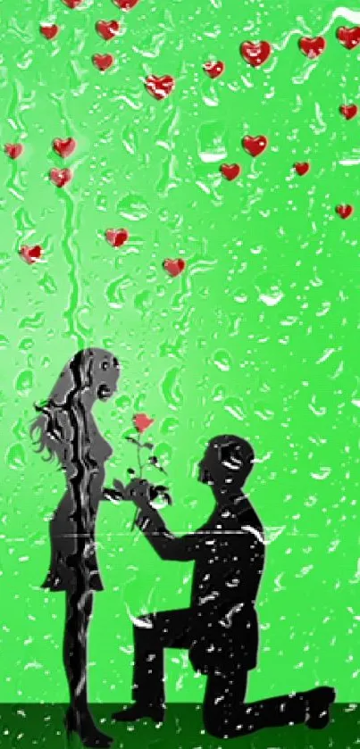 Romantic silhouette proposal with red hearts on green background.