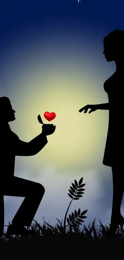 Romantic silhouette art of a proposal scene with glowing heart.