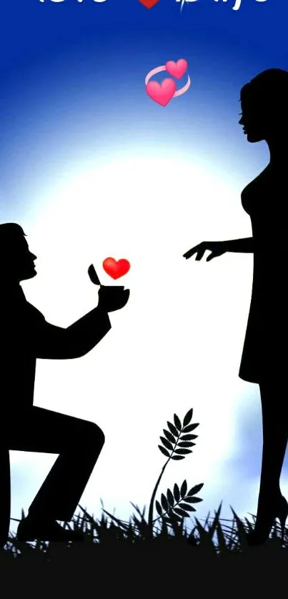 Silhouette of a proposal with a blue background and romantic elements.