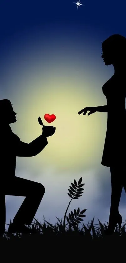 Silhouette of a proposal with a glowing heart at dusk.