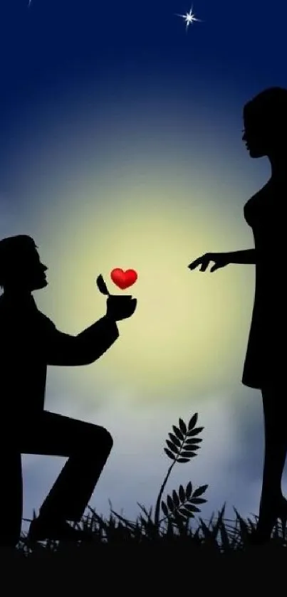 Silhouette of a proposal with a glowing heart under a starry night sky.