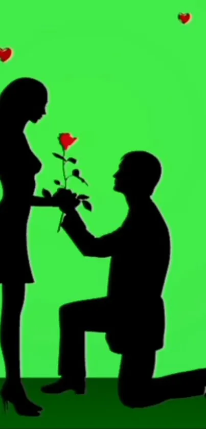 Silhouette of a proposal on green background with hearts.