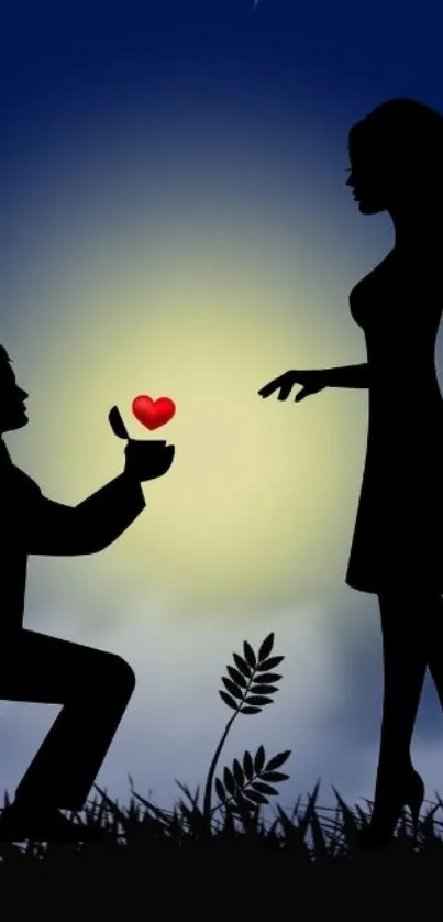 Silhouette of a proposal under a starlit sky with heart symbol.