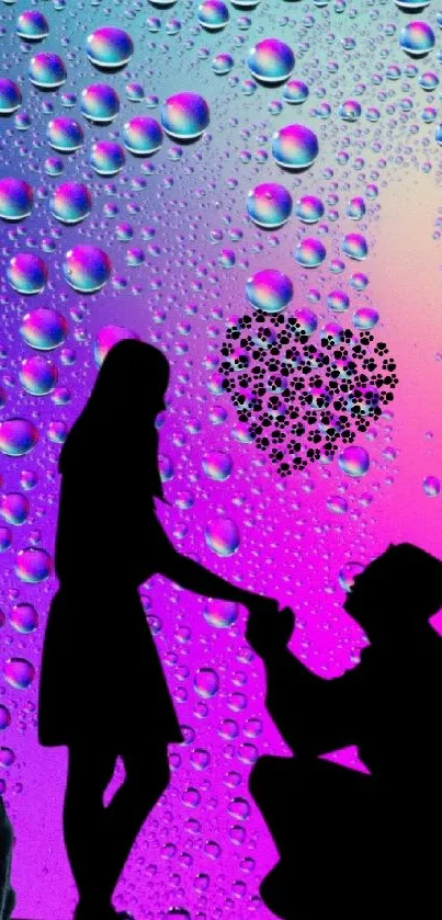 Romantic silhouette proposal with vibrant backdrop featuring droplets.
