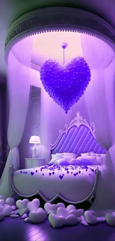 Romantic purple bedroom with heart decor and serene lighting.