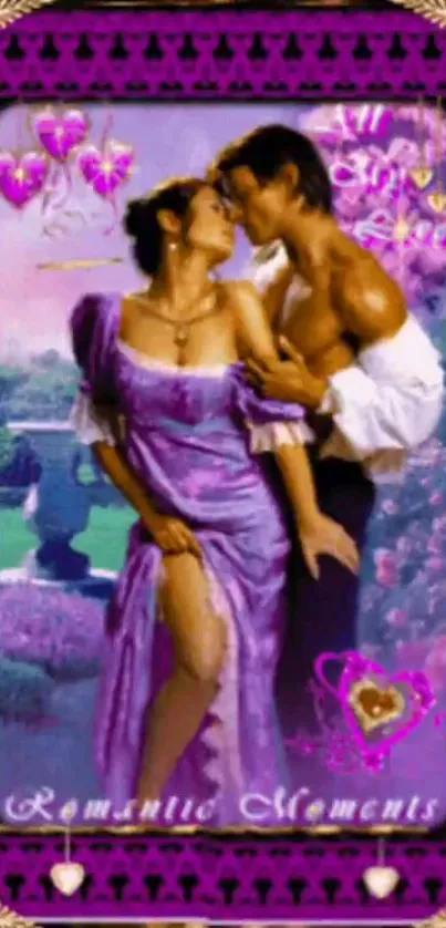 Romantic couple in purple theme wallpaper with passionate embrace.